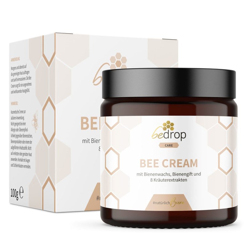 Tiegel Bee Cream von bedrop mit Bienenwachs, daneben die Verpackung