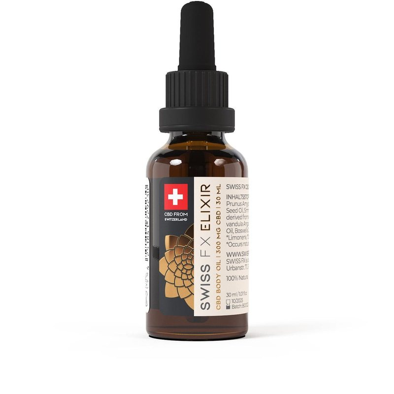 Braunglas-Fläschchen mit Pipette: CBD-Körperöl aus der Kosmetiklinie von Swiss FX