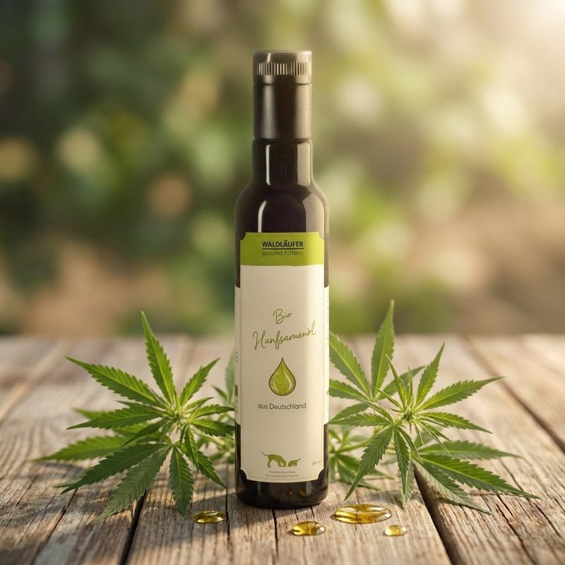 Flasche Bio-Hanfsamenöl von Waldkraft aus dem Futtersortiment für Hunde, auf einem Holztisch