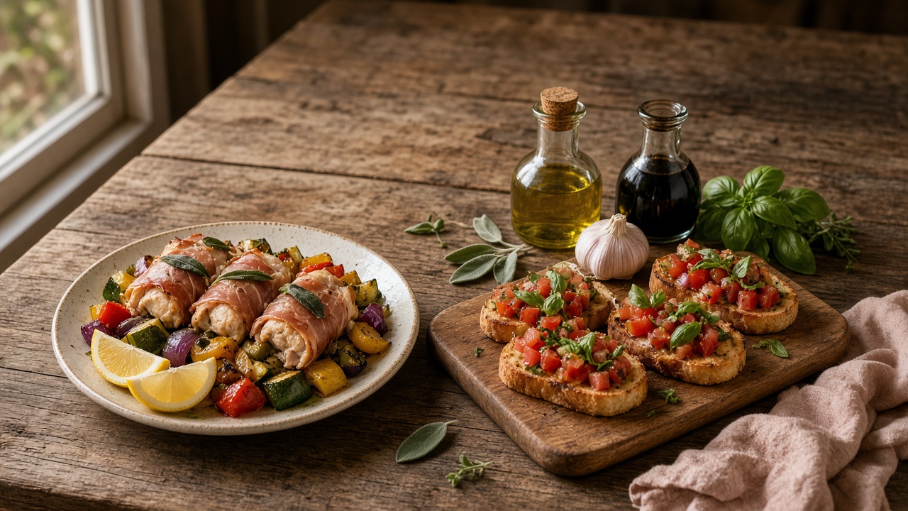Italienischer Abend: Hähnchen-Saltimbocca mit Röstgemüse und Bruschetta