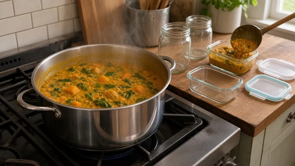 Symbolbild: Kürbis-Linsen-Curry im Topf wird in Portionsdosen gefüllt