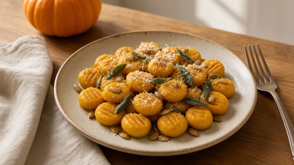 Symbolbild: Kürbis-Gnocchi in Salbeibutter mit knusprigem Salbei und gerösteten Kürbiskernen auf einem Teller