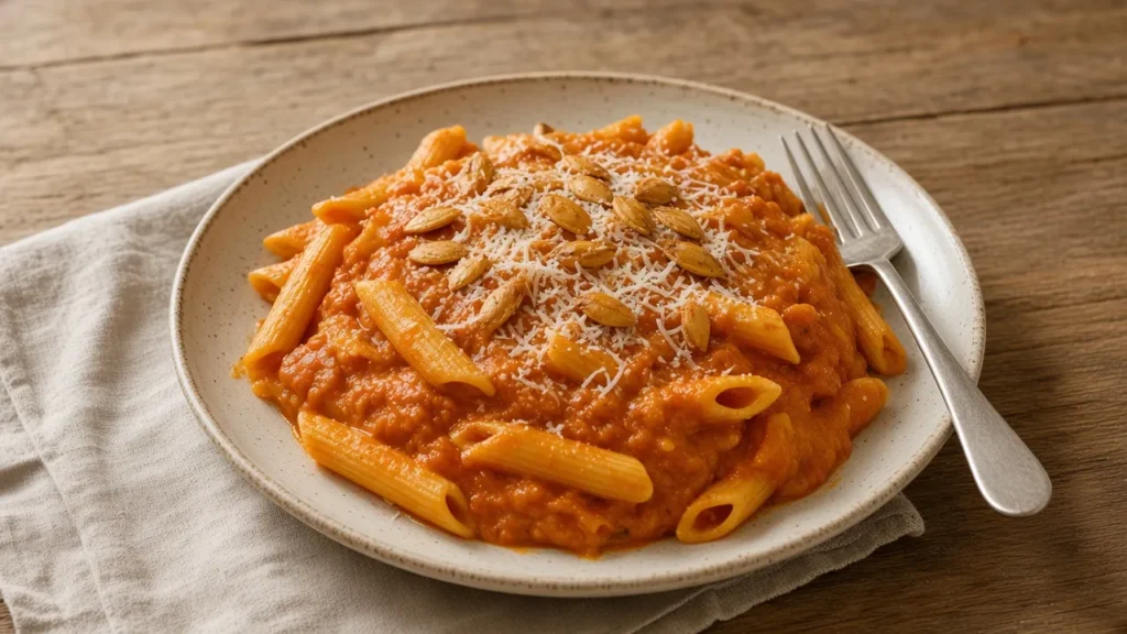 Symbolbild: Nudeln mit Kürbis-Tomatensoße, Parmesan und gerösteten Kürbiskernen