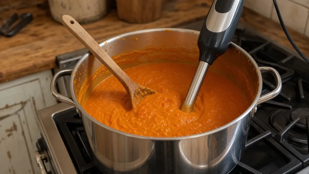 Symbolbild: frisch pürierte Kürbis-Tomatensoße im Topf mit Pürierstab
