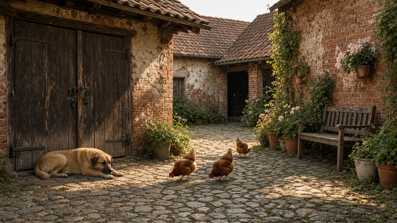 Hof mit Hühnern und Hund (Platzhalter)